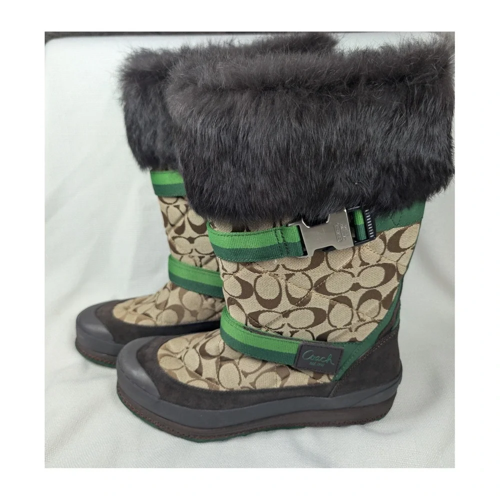 Coach Mariette‎ Winter Snow Boots Womens 10 Khaki Green Signature Fur Trim